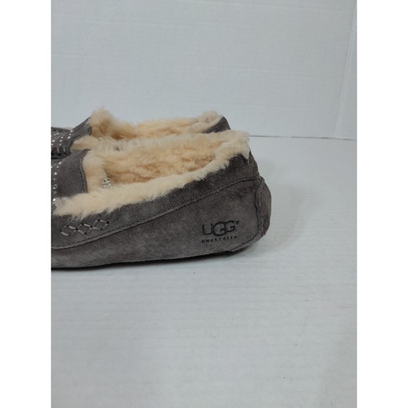 UGG Ansley Gray Suede Moccasin Slippers Faux Fur Lined Jeweled Shoes Size 6 - Picture 8 of 10